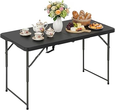 Folding Table, 4 FT Heavy Duty Plastic Foldable Table with Carrying Handle, Adjustable Height Portable Party Tables for Garden Party Picnic Camping BBQ Dining Kitchen Wedding Market Events Black