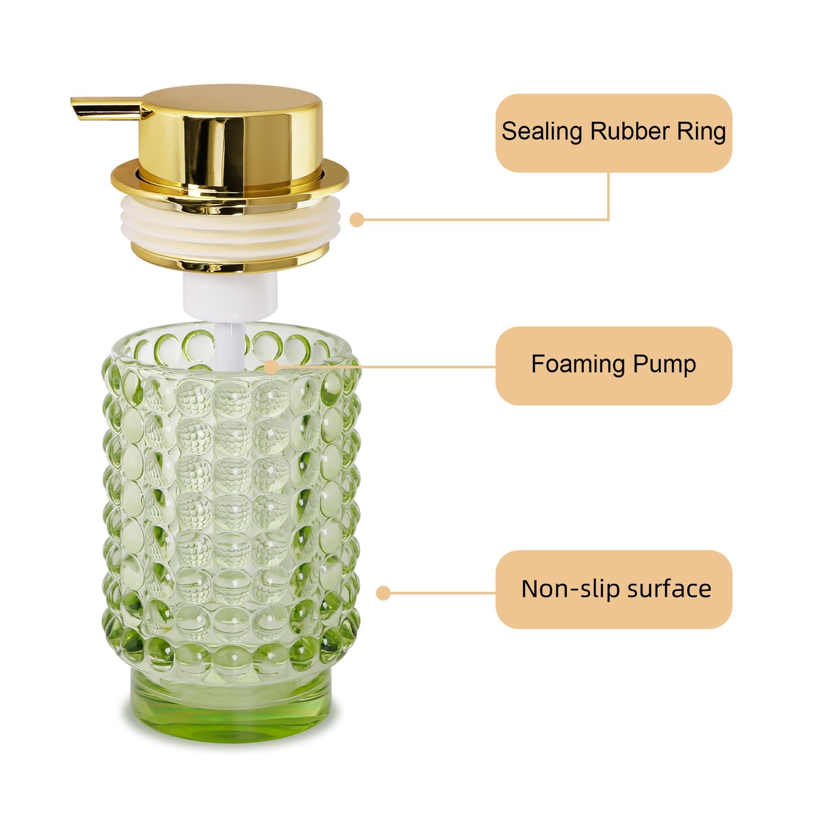 Schaumseifenspender aus Glas, grüner Schaum-Handseifenspender, 340 ml, große Flasche mit goldfarbener Pumpe, nachfüllbarer Lotion-Pumpbehälter für Badezimmer, Küche, Handseife, Spülseife