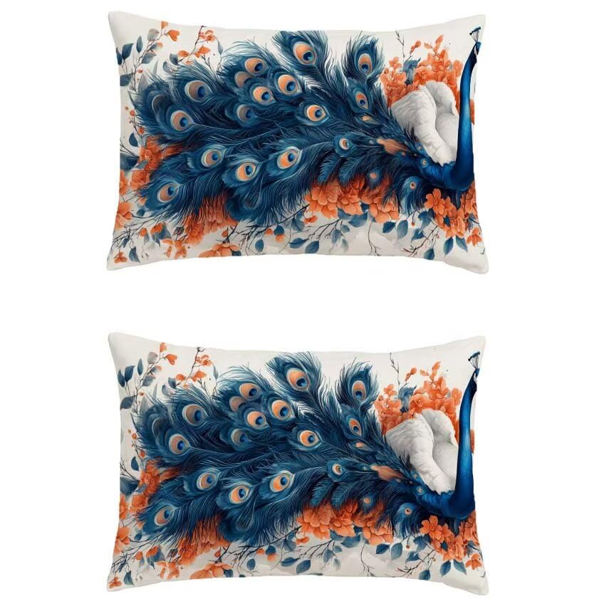 Housse de coussin 50x90cm rectangulaire bleu marine lin imperméable paon