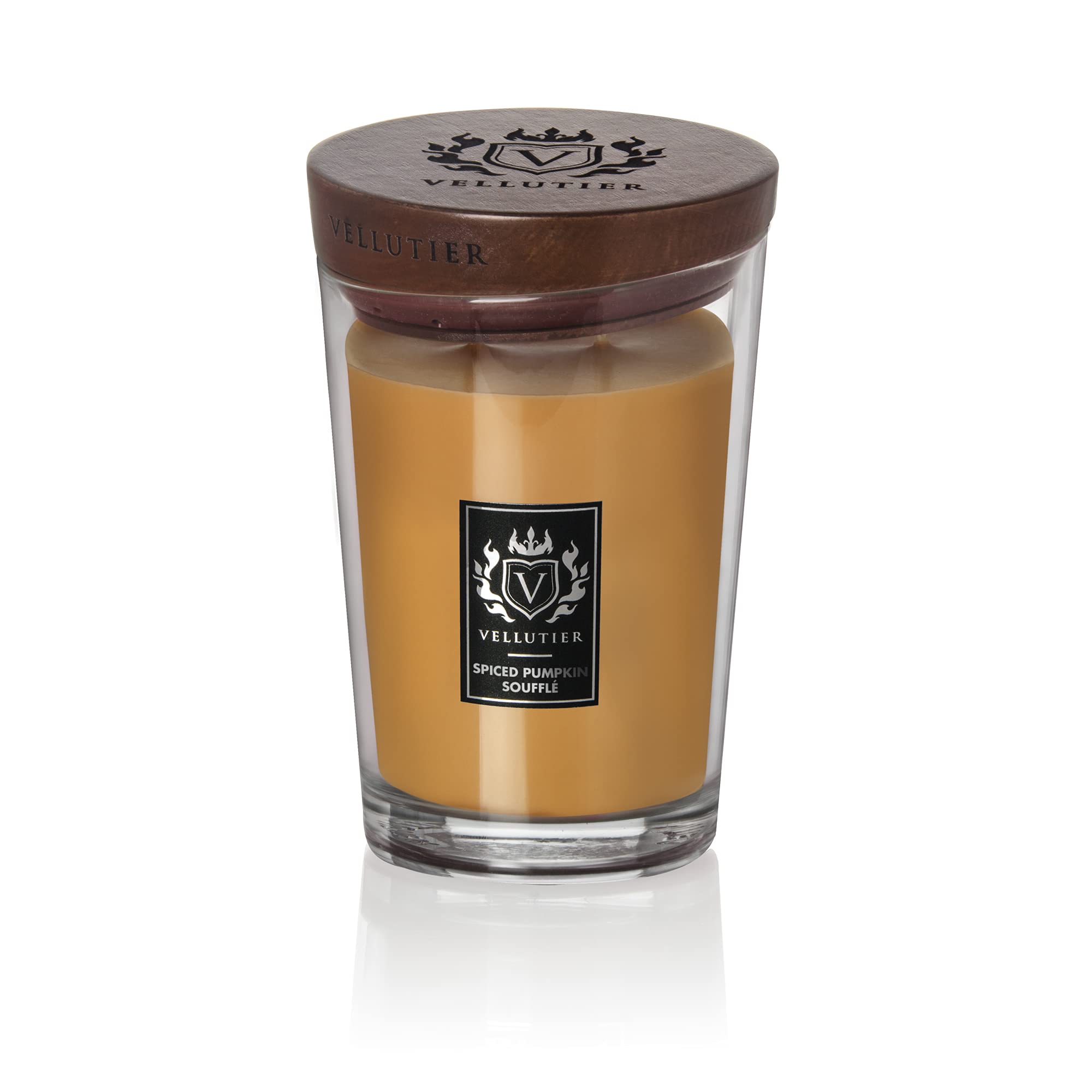 Vellutier Candela Profumata Spiced Pumpkin Souffle’, Candela in Barattolo, Specialmente Formulata con Cera Vellutata, Coperchio Legno, Aroma di Mandorla e Cannella, 16 x 11 cm, Grande, 515 g