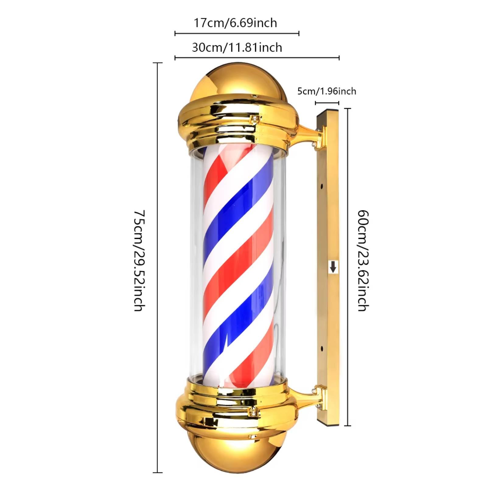 BARBERPLAN Barber Light Pole LED Light Source, Upper Luminous, Wall Mount Red Blue and White Barbershop Rotating Light Fixture,Classic Signs for Hair Salon(Gold)