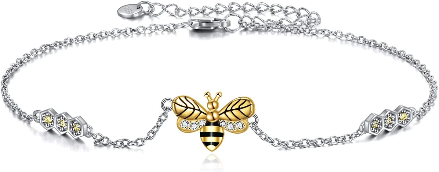 YAFEINI Bee Anklet for Women Sterling Silver Honeycomb Bee Anklet Bracelet Jewelry Gifts