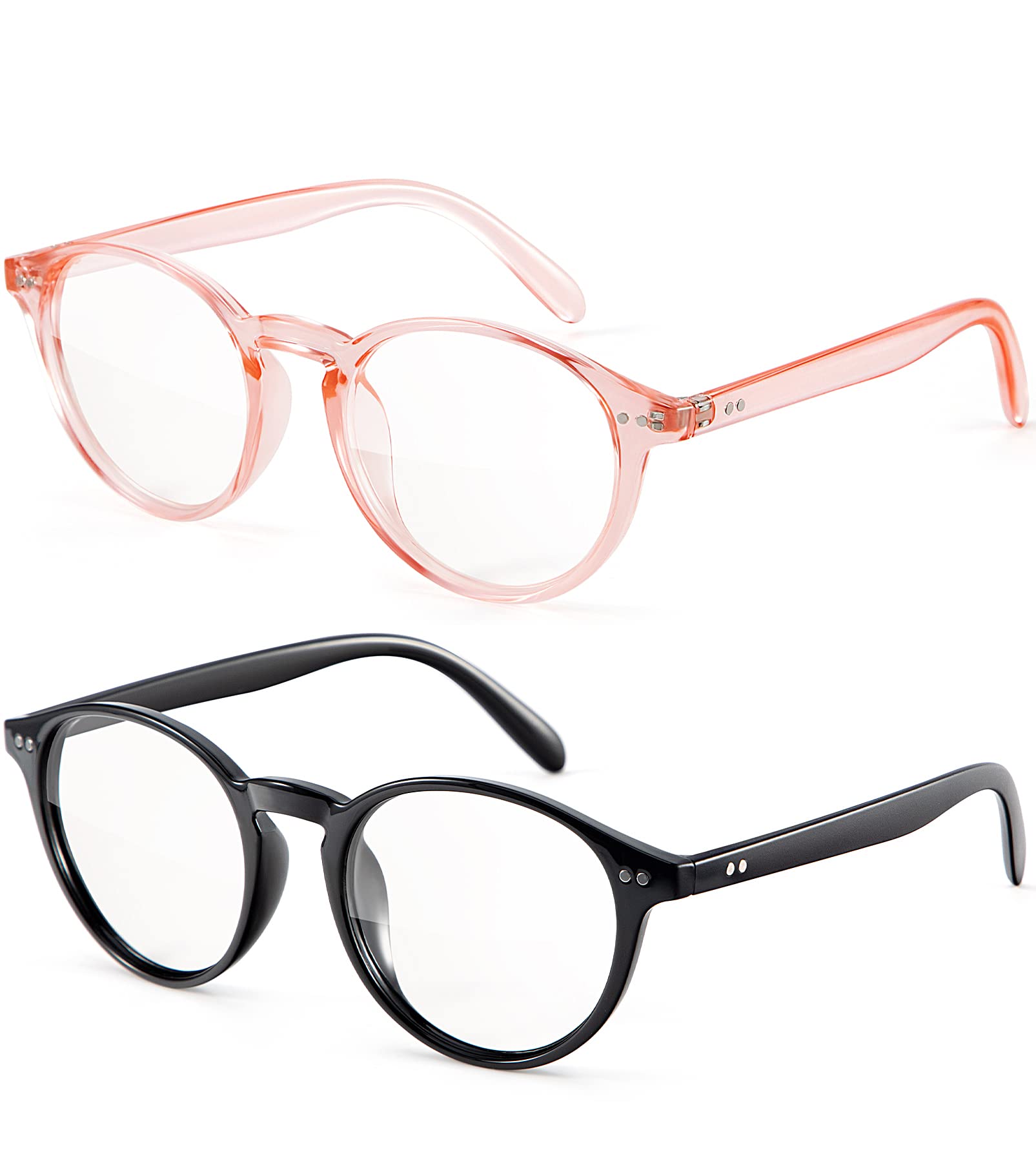 QALLY Womens Round Blue Light Blocking Glasses Anti Eye Strain Glasses Clear Lens Computer Eyeglasses with Filter UV Light, Bright Black/Pink