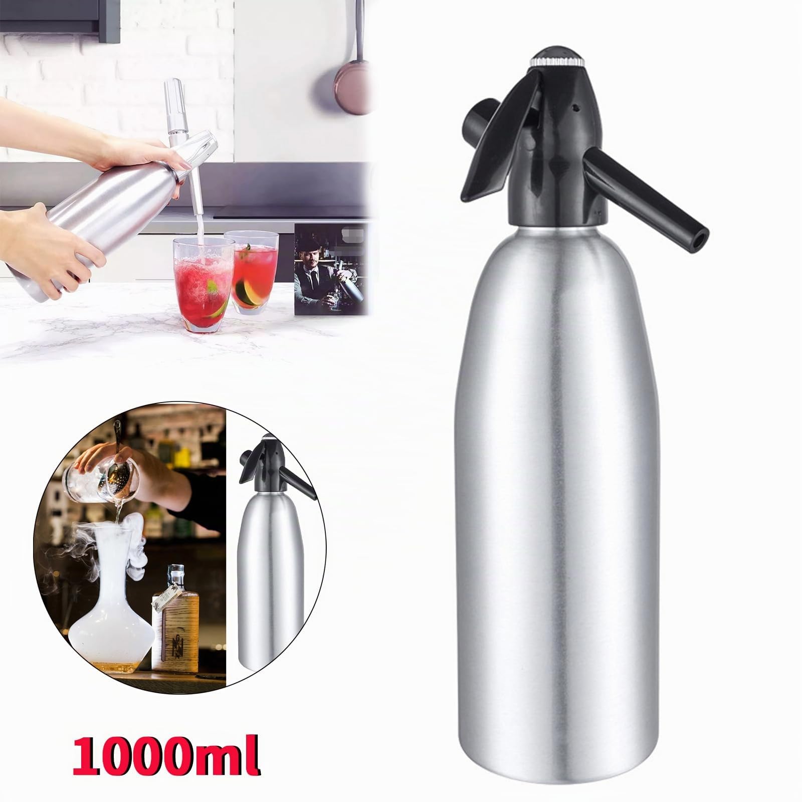 Sifón de Soda Manual 1L, Máquina para Hacer Agua con Gas de Aluminio, Sifón para Bebidas Carbonatadas, SIN Cápsulas CO2, Compatible con Cartuchos de 8g