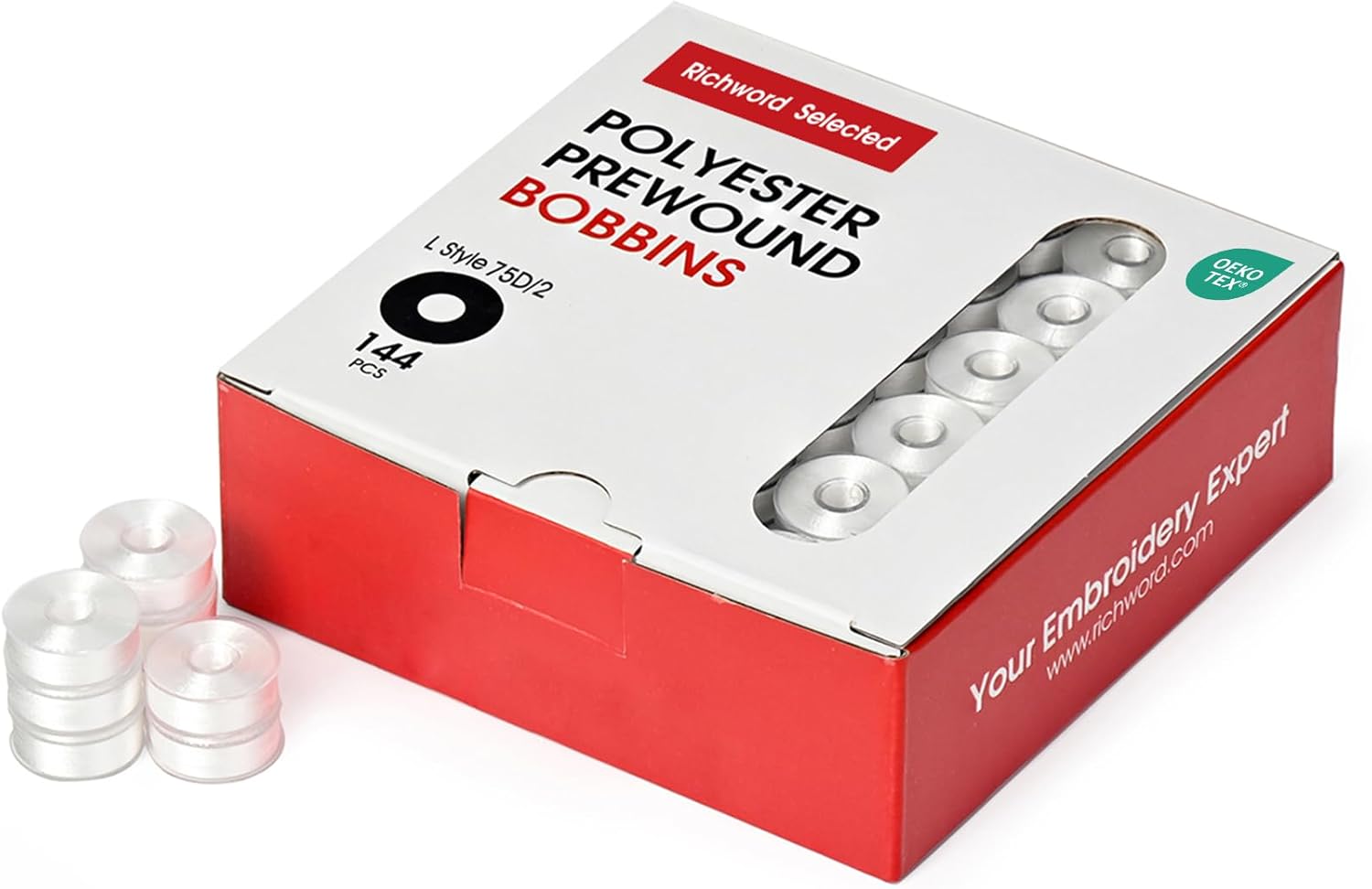 BAi Embroidery Bobbins, White 144pcs Plastic Sided Type L(SA155), 60WT(75D/2) Prewound Bobbins for Commercial Multi Needles Embroidery Machine