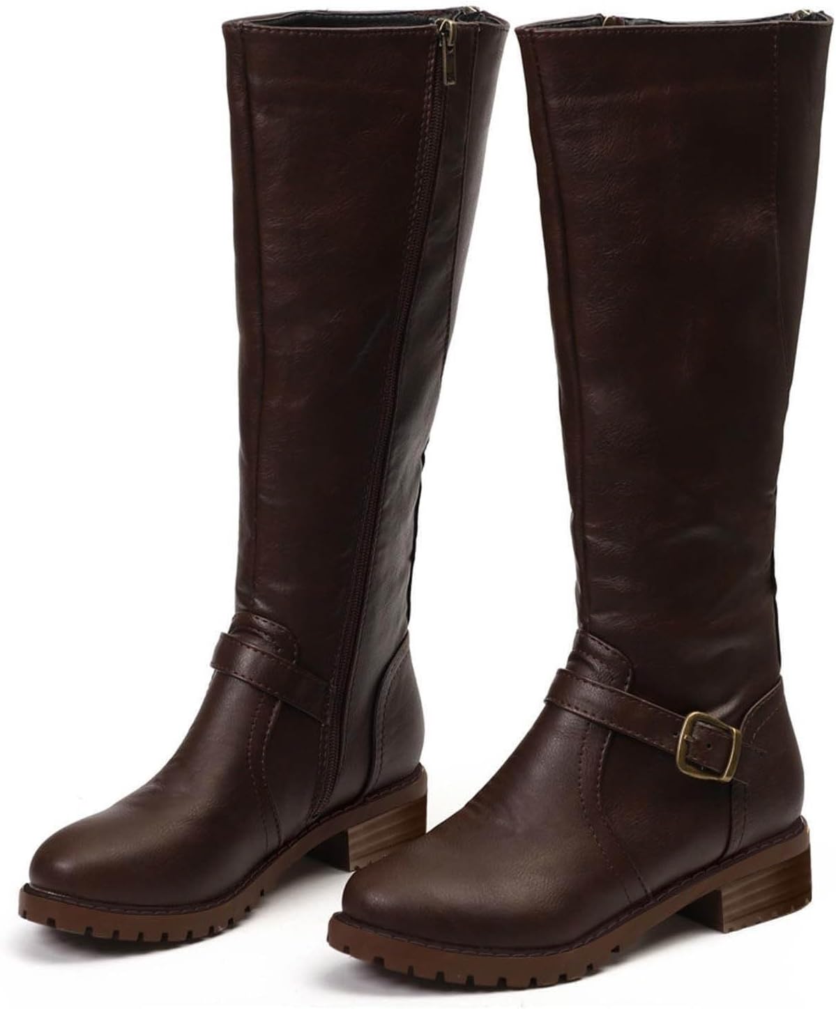 Women's Knee High Riding Boots Wide Calf Slouchy Flat Heel Square Toe with Zipper Buckle Strap Combat Booties
