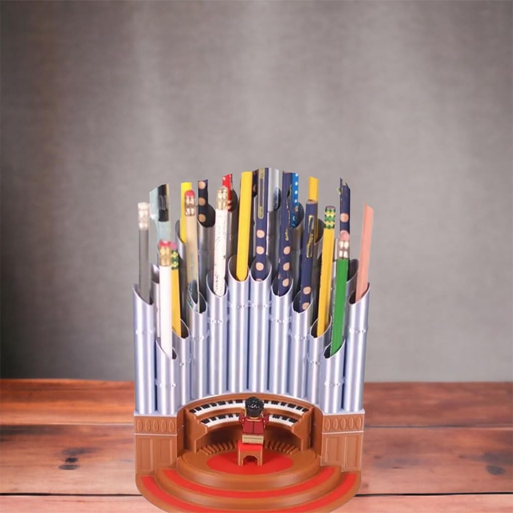 Pipe Organ Pen Pencil Holder, With 23 Slots, Resin Music Pipe Organ Pen Container Holder Pencil Cup for Office Desk, Funny Desktop Decoration, for School Home Office Supplies(Silver)