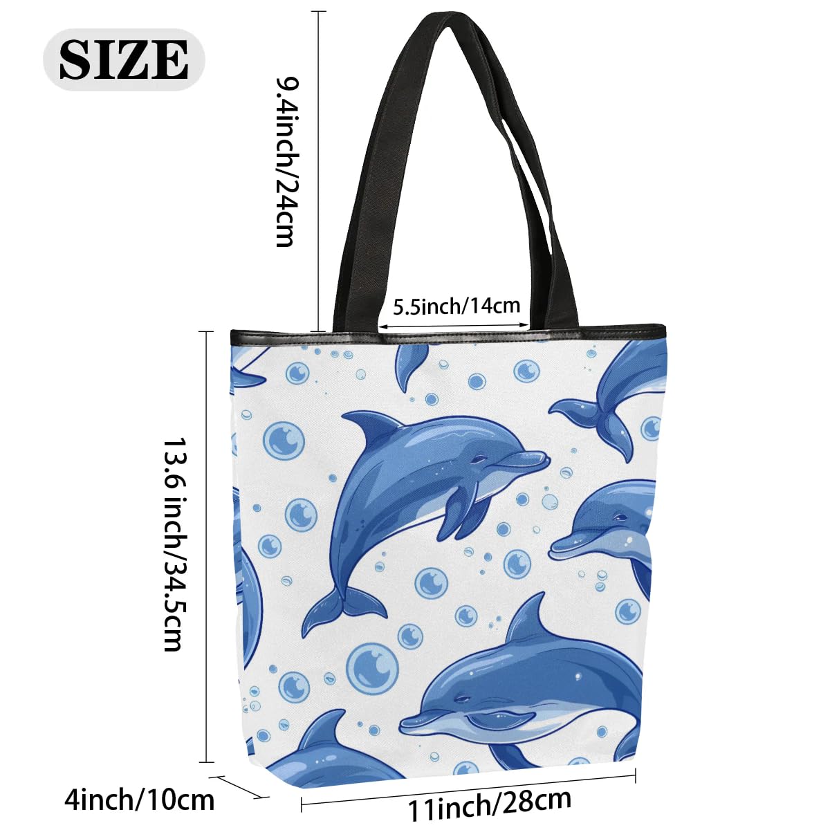 Mularoka Cartoon Dolphin Bubble Canvas Tote Bag with Zipper and Pockets Canvas Tote Shopping Bag Women Reusable Grocery Bag for Beach Travel Gym Shopping
