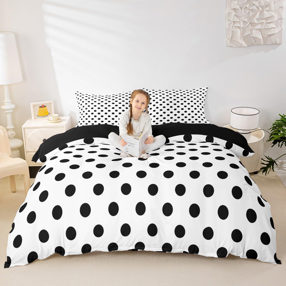 Manfei Black Polka Dots Duvet Cover Set Queen Size,French Style Dots Cartoon Cute Bedding Set,Young Teens Room Decor,Geometric Circles Black White Simple Art Quilt Cover,No Comforter
