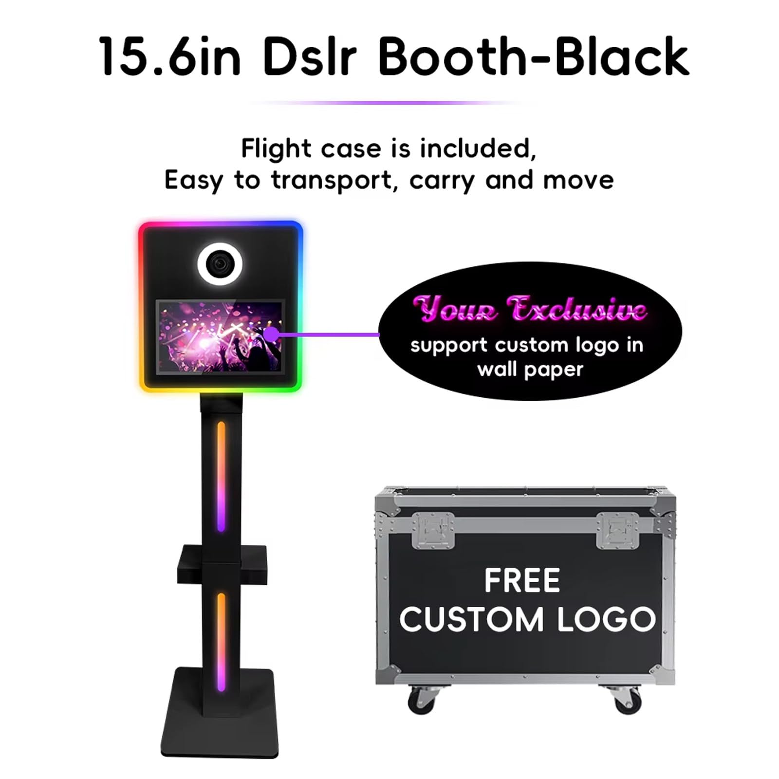 Cabina fotográfica profesional DSLR con pantalla táctil, incluye funda de vuelo y papeles fotográficos, ideal para bodas y fiestas