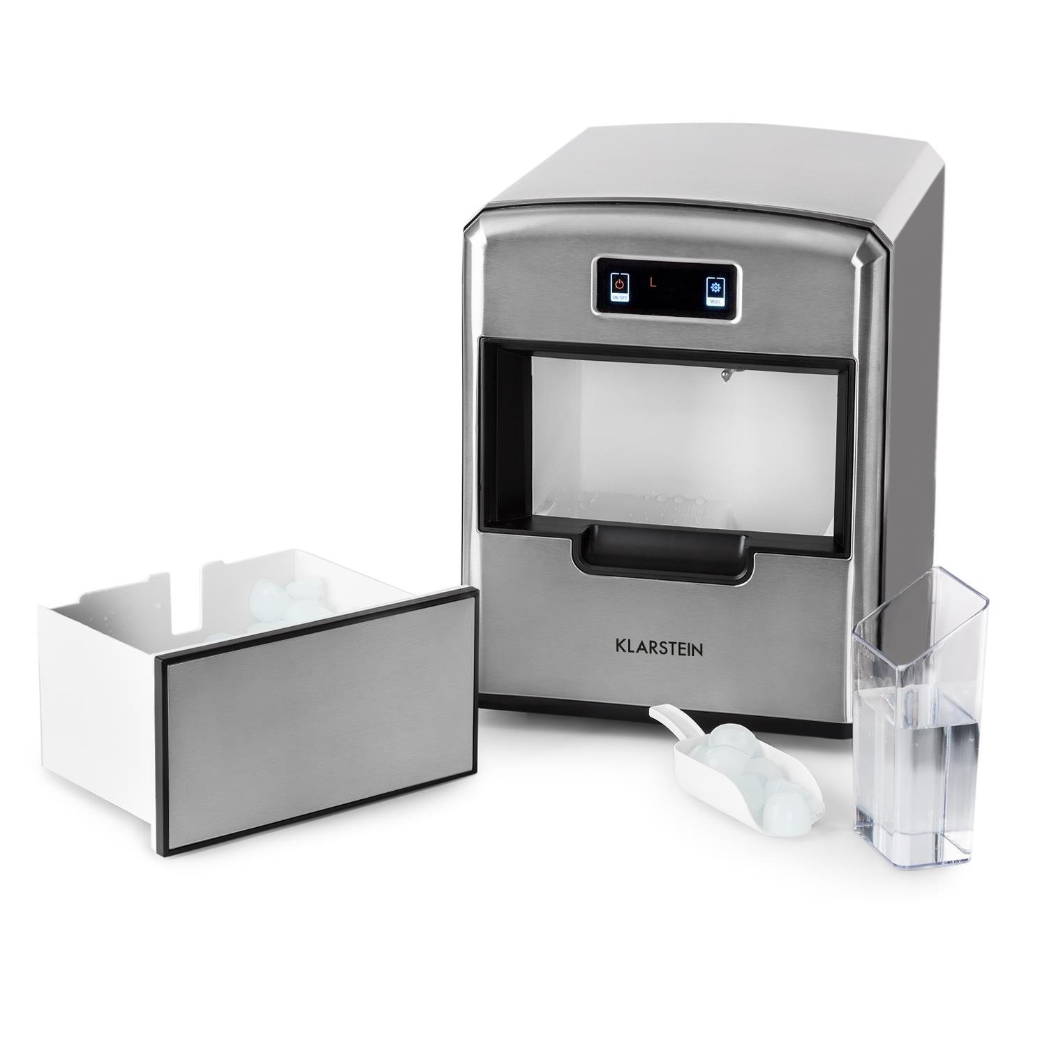 Klarstein Metropolitan - máquina de hielo, máquina de hielo, 12 kg/24 h, 180 W, 3 tamaños de cubitos de hielo, refrigerante R600a, depósito de agua de 2,15 l, pala, acero inoxidable, plata
