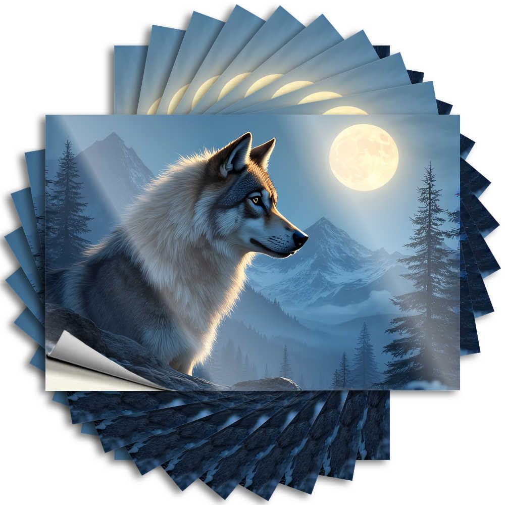 Front Porch Fall Decor, Stickers Colorful Wall Wolf in The Moonlit Mountains | Funky Waterproof Vinyl Stickers(8X12CM)