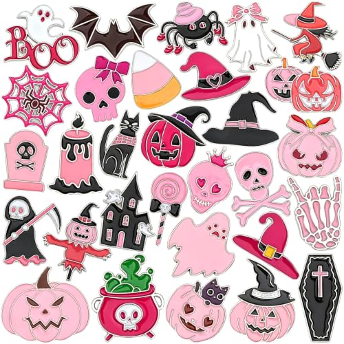 Image of SANNIX 60Pcs Pink Halloween Enamel Pins, Ghost Pumpkin Bat Skull Brooch Pins Bulk Pastel Black Pink Halloween Accessories Set for Backpacks Jackets Spooky Girls Party Favors