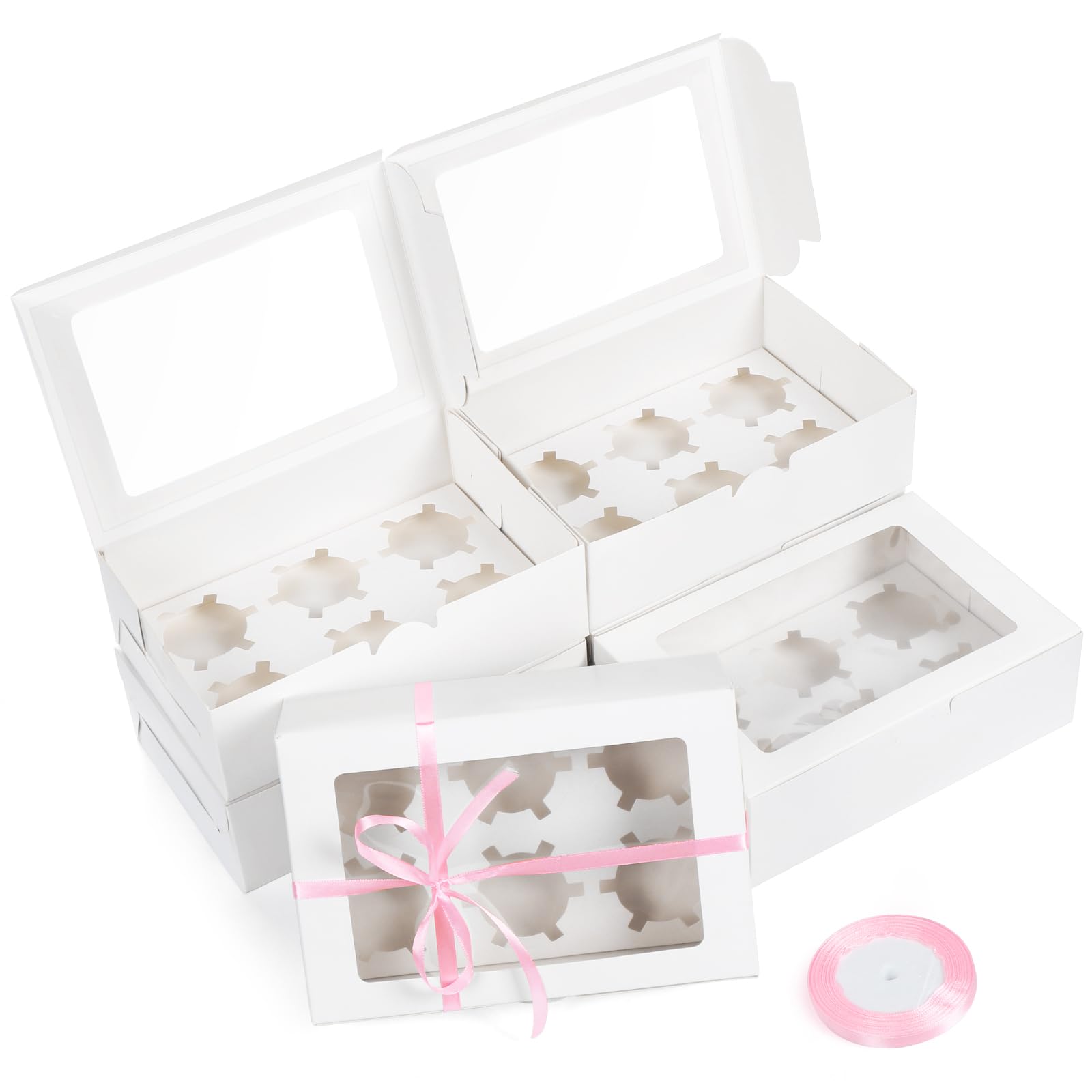 Lot 20 Boîtes à Cupcakes 6 Trous Avec Fenêtre + Inserts & Ruban – Rose Poudré Pour Pâtisseries & Muffins