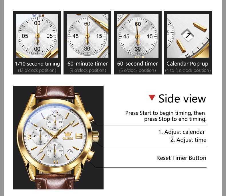 Image of OLEVS Watches for Men Original Analog Quartz Stylish Brown Leather Luxury Business Chronograph Waterproof Date Mens Wrist Watch