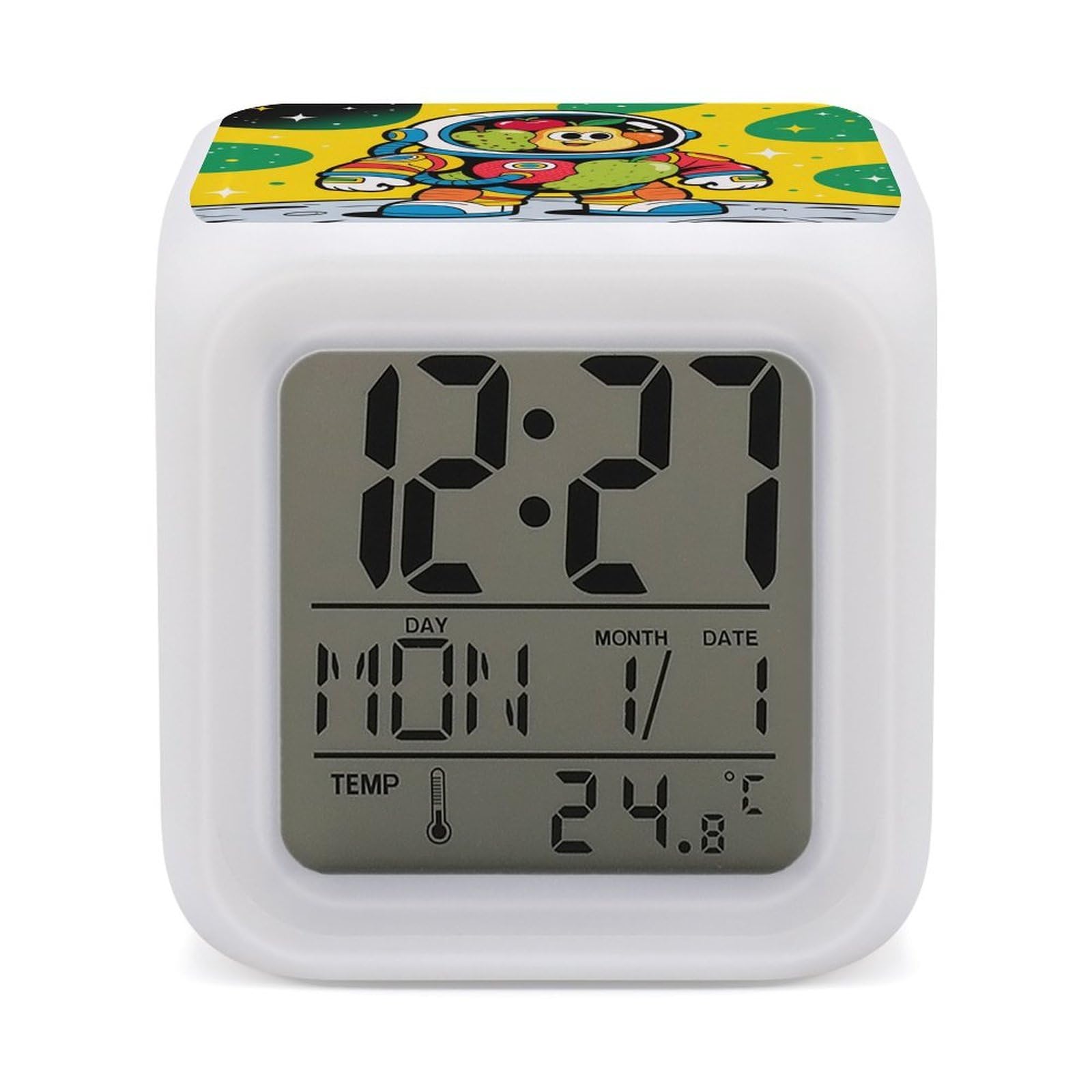 VstaDank Astronaut Alarm Clock with Date Temperature Large LED Display Number Clocks with 7 Colors Changing Desk Clock Battery Operated Digital Clocks with Date for Heavy Sleepers