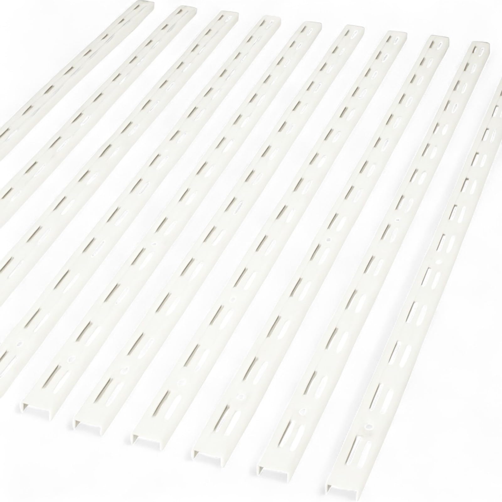 10x 120cm White Twin Slot Upright – Adjustable Wall Mounted Steel Shelving Rail for Brackets – Antimicrobial Finish, 32mm Pitch – Durable Storage Solution for Home, Garage, or Commercial Use