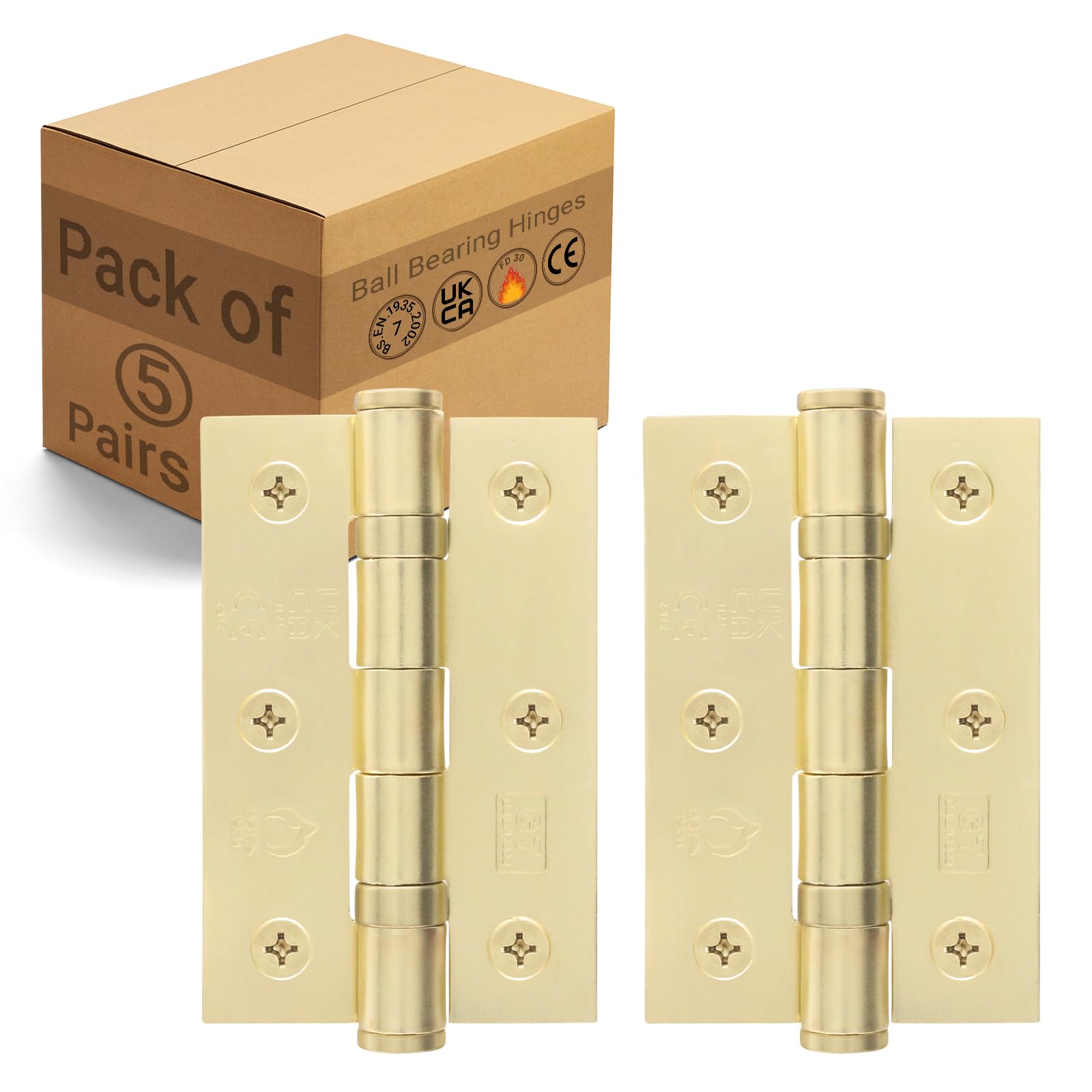 EAI Brass Door Hinges | 3 Inch / 76mm Satin Brass Internal Fire Door Hinges | 5 Pairs