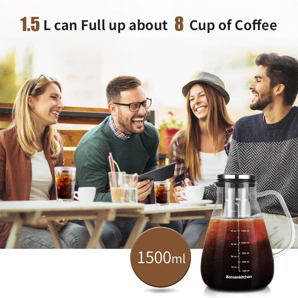 Bonsenkitchen Iced Coffee Maker Cold Brew 1.5L / 53OZ, Iced Coffee and Tea Brewer with Removable Stainless Steel Filter, Dishwasher Safe, Rustproof, BPA-Free
