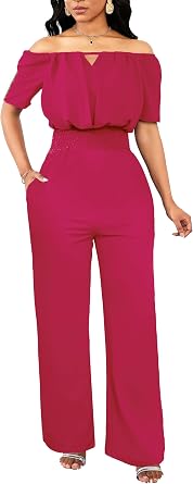 SxClub Off the Shoulder Jumpsuits for Women Dressy Long Pants with Pockets | Womens Formal Jumpsuit Summer Casual Empire Waist One Piece Rompers Graduation Outfits