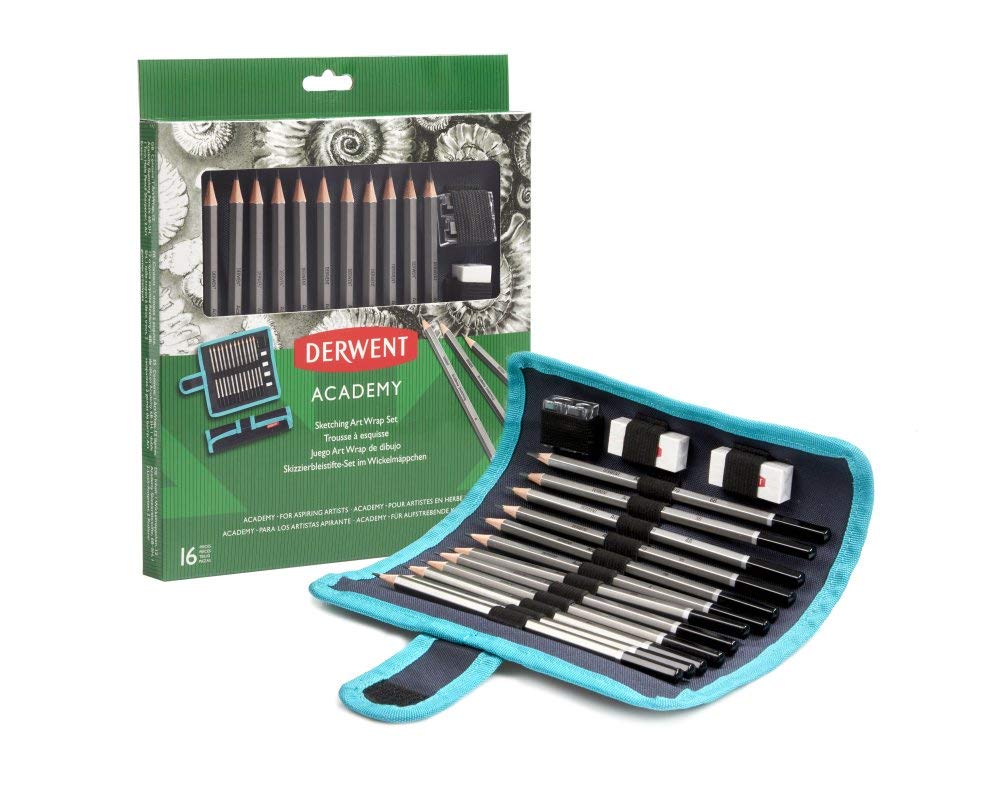 Derwent Academy Künstlerrolle mit Bleistiften für Skizzen, Bleistifte Set in Mäppchen, Zeichnen & Ausmalen, 16er-Set, Inklusive Spitzer & Radierer, Ideal zum Skizzieren, Academy-Serie, 2305682