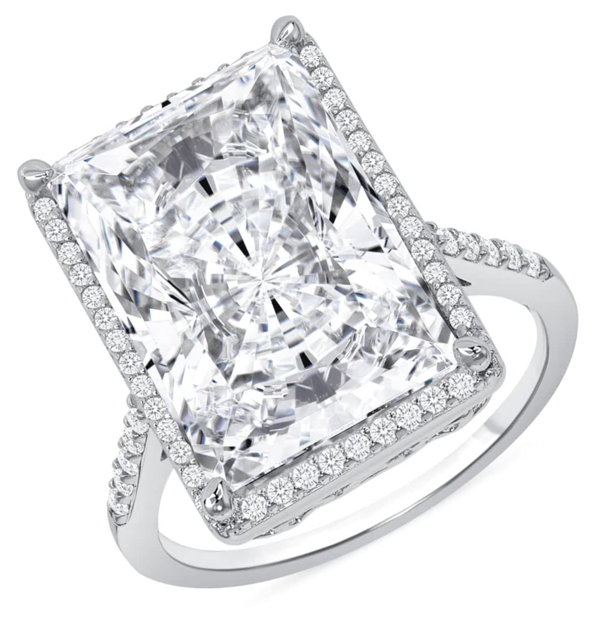 Huge Solid Sterling Silver .925 Radiant and Round Cut Simulated Diamond Engagement Ring Deco, Bridal, Wedding, Halo, Anniversary, 8.30ctw