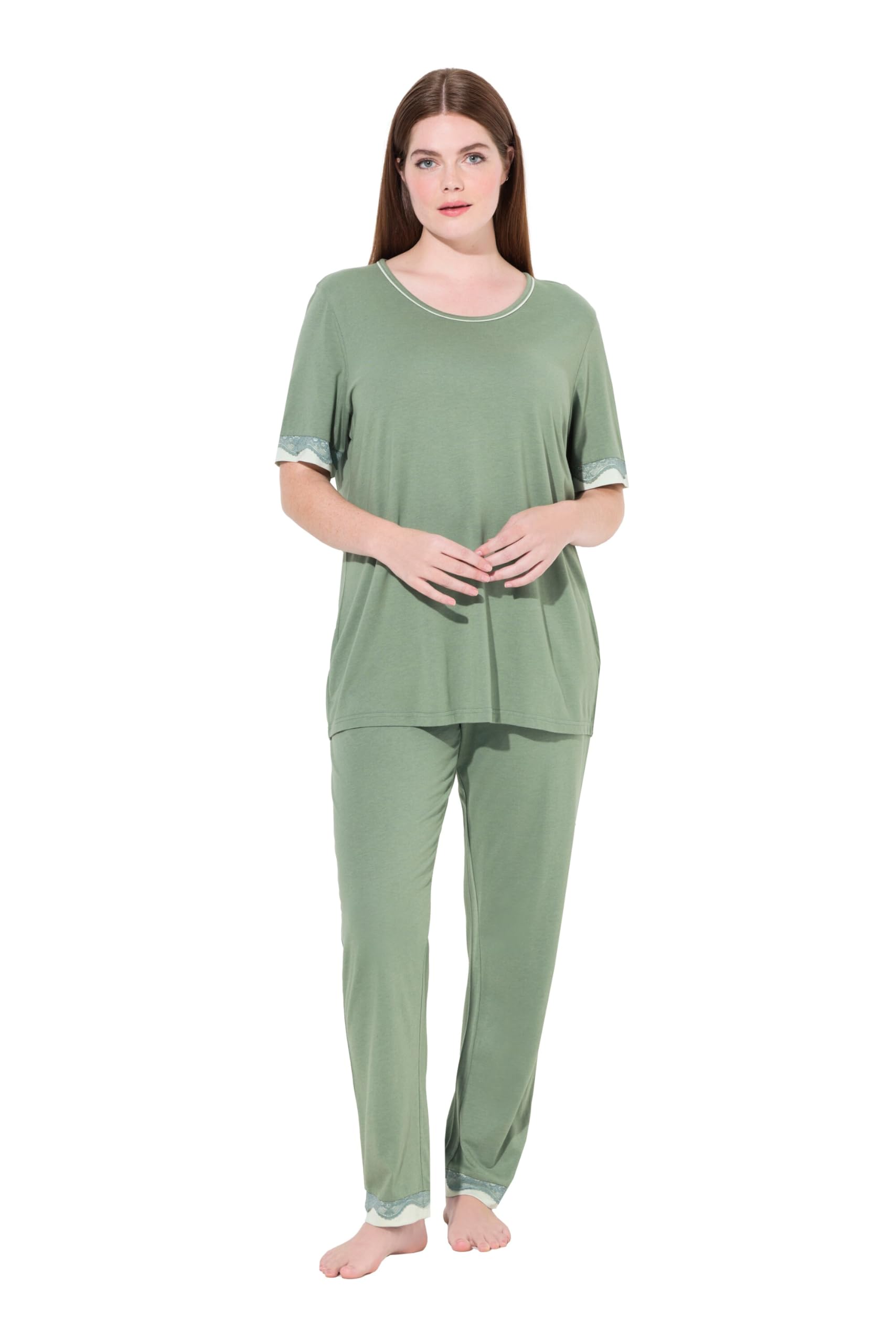 Ulla Popken Damen große Größen Übergrößen Plus Size Pyjama, Spitzenkanten, Rundhals, Halbarm 819494
