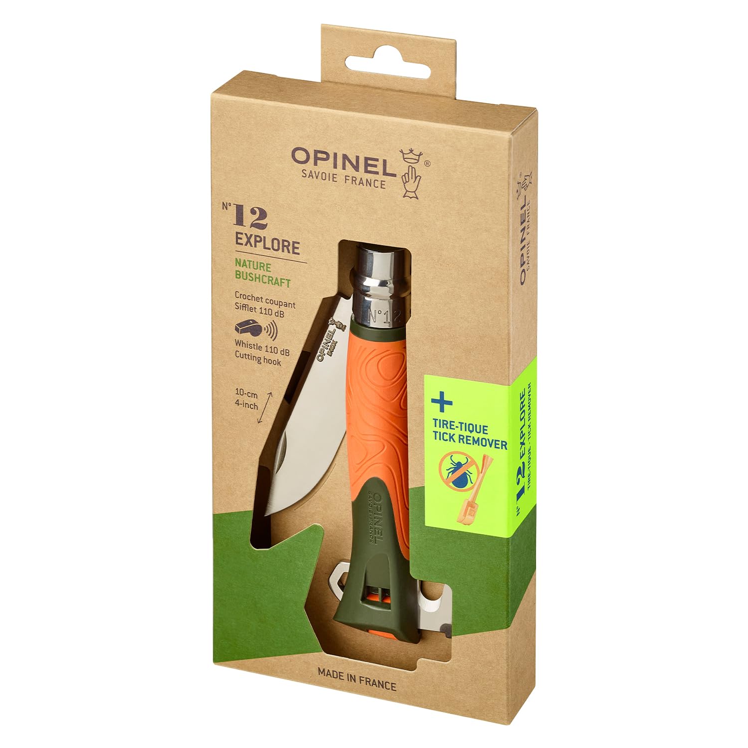 Opinel - N°12 Cuchillo Quitatizas Explore Naranja - Hoja de 10 cm de Acero Inoxidable, Mango de Polímero y Fibra de Vidrio, Silbato de 110dB, Alcance de 300m - Fabricación Francesa