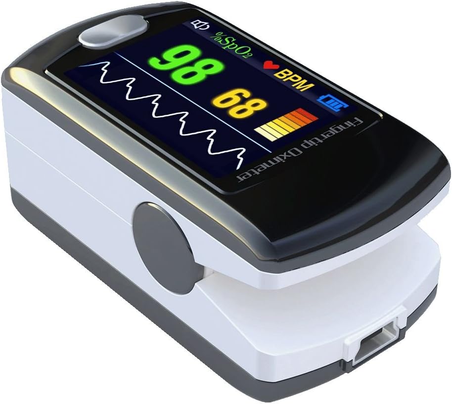 Full Colour Finger Pulse Oximeter CMS50E Heart Rate Monitor with Rechargeable Battery, Carry Strap, USB cable, 24 Hour Internal Memory, Data Cable and Software for Download, Analysis and Storage