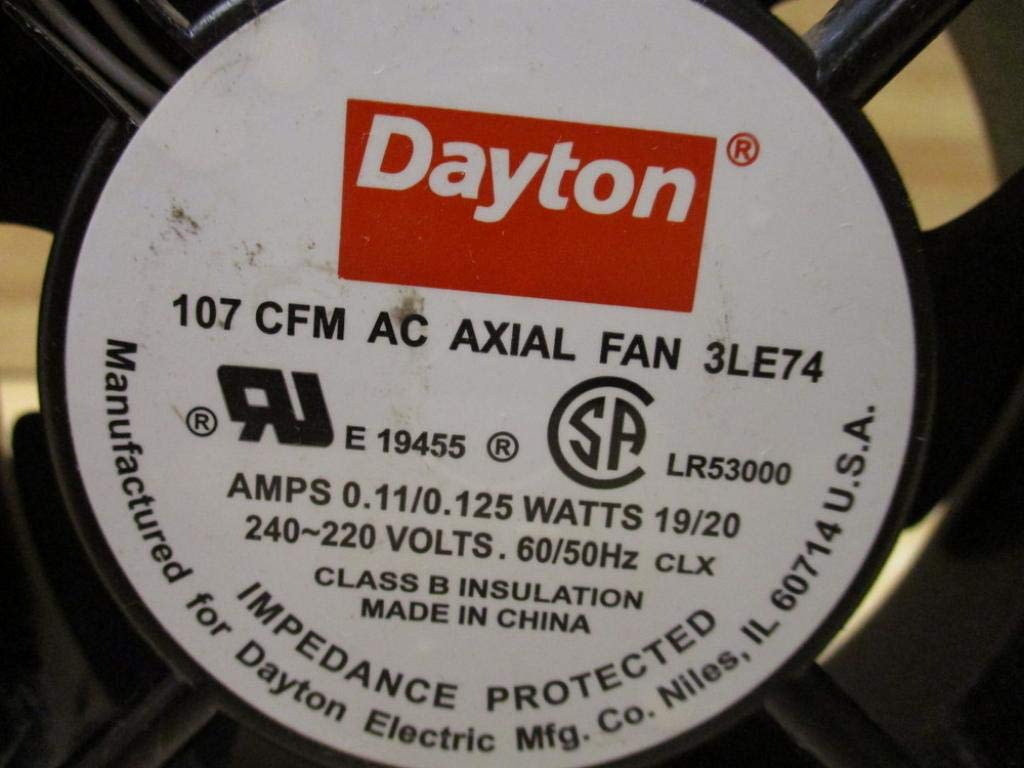 DAYTON 3LE74 1 Phase, 107 CFM, 19/20 WATT, 230 VAC, 50/60 HZ, AC AXIAL, CAST Aluminum HOUSING Material, Fan, IP20, POLYBUTYLENE Terephthalate Blade Material, ROHS Compliant