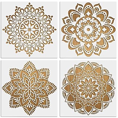 MWOOT 4 Piezas Grande Mándala Stencils Plantillas Pintura, Reutilizable DIY Mandala Dot Painting Template, Flores Dibujo Art Plantillas para Pintar en Madera Pared Tela Decoración (30x30CM)