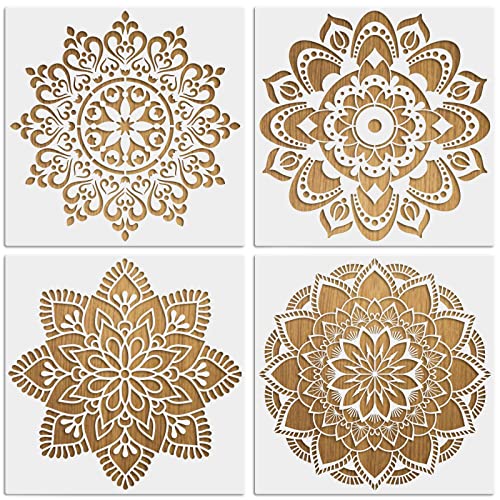 MWOOT 4 Stück Groß Mandala Schablonen Stencils Set, Wiederverwendbares DIY Malerei Vorlage Zubehör, Blume Handwerk Schablone zum Malen an der Wand Boden Fliese Kissen Dekoration (30x30CM)