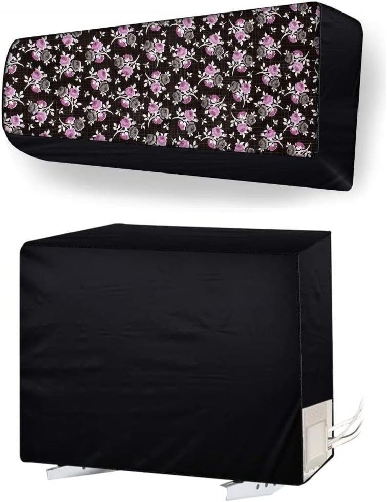 Dustproof & Waterproof PVC Digital Printed Split AC Cover Set of Indoor & Outdoor Unit for 2 Ton Capacity | Stretchable Elastic, Water Resistant & Dustproof_Black Pink Flower