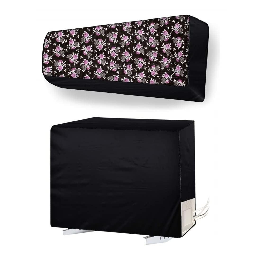 Dustproof & Waterproof PVC Digital Printed Split AC Cover Set of Indoor & Outdoor Unit for 2 Ton Capacity | Stretchable Elastic, Water Resistant & Dustproof_Black Pink Flower