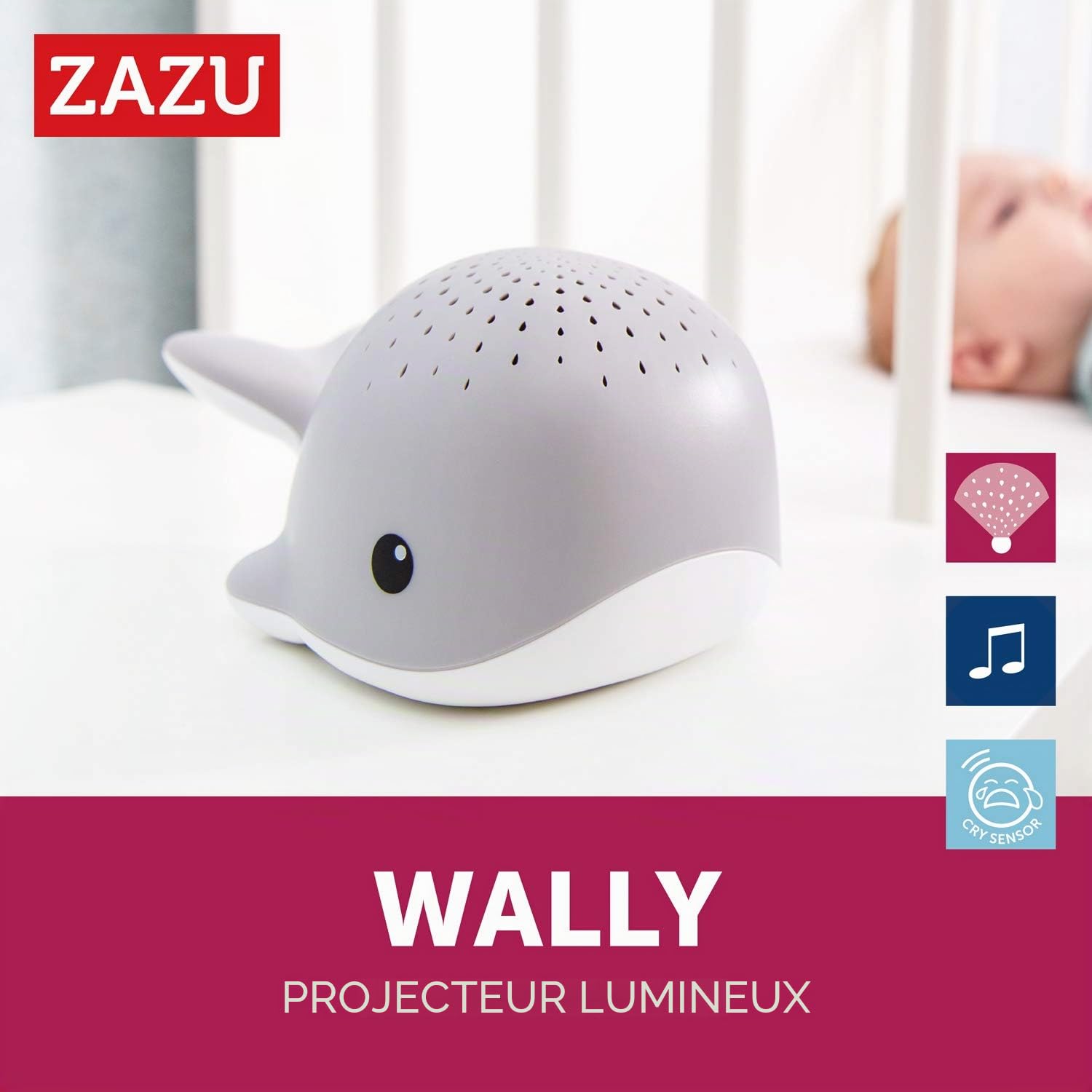 ZAZU Wally The Whale Projecteur de lumière pour bébé avec mélodies apaisantes | battements de cœur, son de l'océan ou musique de salon | Volume variable | Capteur de cri | Arrêt automatique