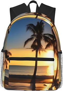 Beach Sunrise And Backlit Palm Tree Print Comfortable Backpack,Your Essential Casual Travel Bag For Outdoor Adventures