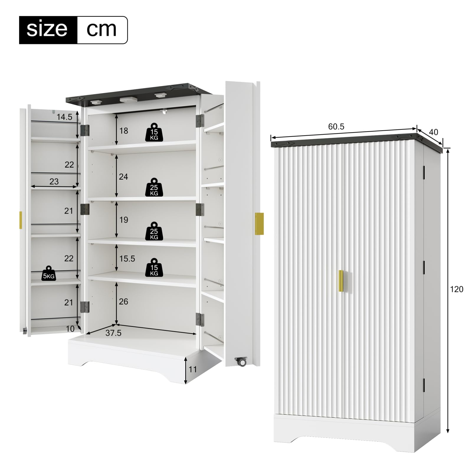 Küchenschrank mit Doppeltür, Haushaltsschrank mit Verstellbare Einlegeböden und Stauraum, Moderner Mehrzweckschrank mit Fächer, für Esszimmer Wohnzimmer, Küche, Streifendesign, Weiß (60.5x40x120cm)