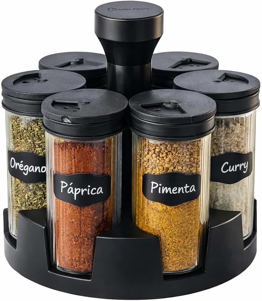 Porta Temperos Giratório 360° com 6 Potes de Vidro, Tampa Preta, Base Giratória, Organizador de Cozinha