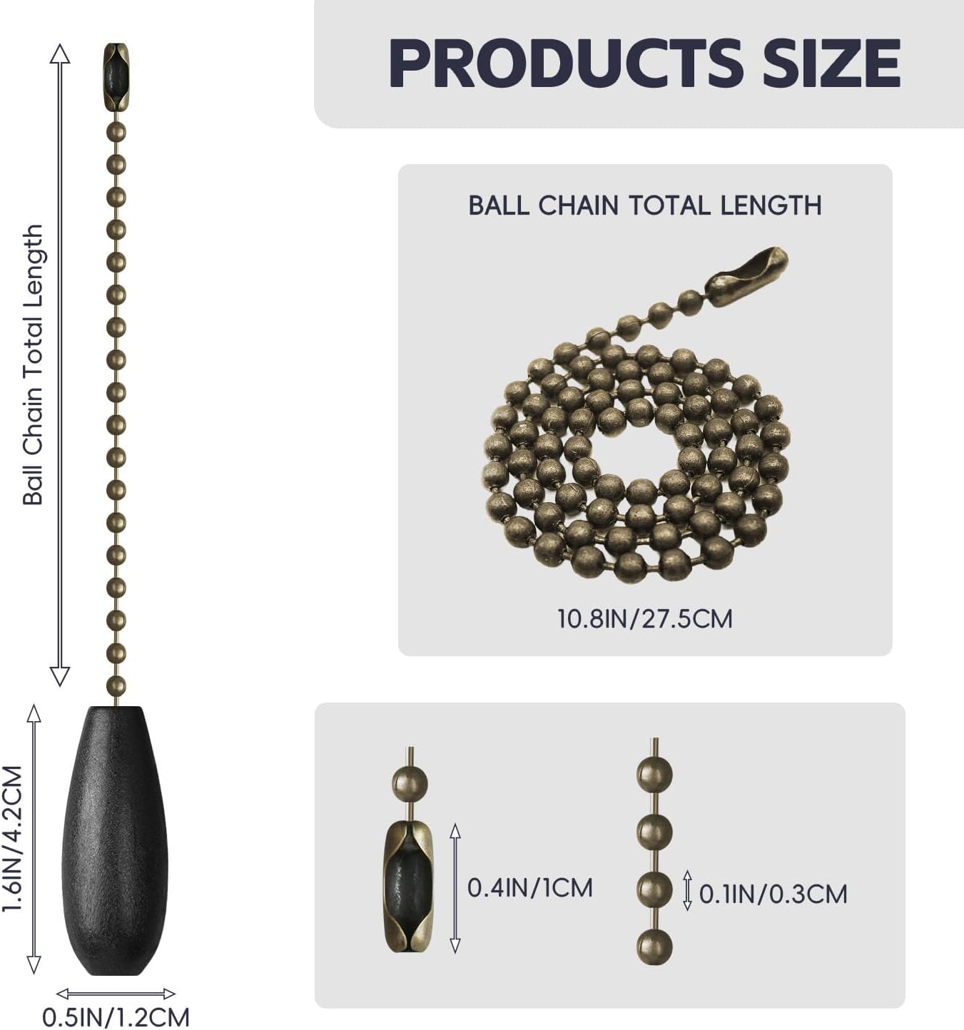 Ceiling Fan Pull Chain, 2 Pack Wooden Pendant Pull Chain Extension, 12 Inches Decorative Chain Pulls for Ceiling Light Fan Lamp, Beads Ball Pull Chain Extenders with Connector, Black