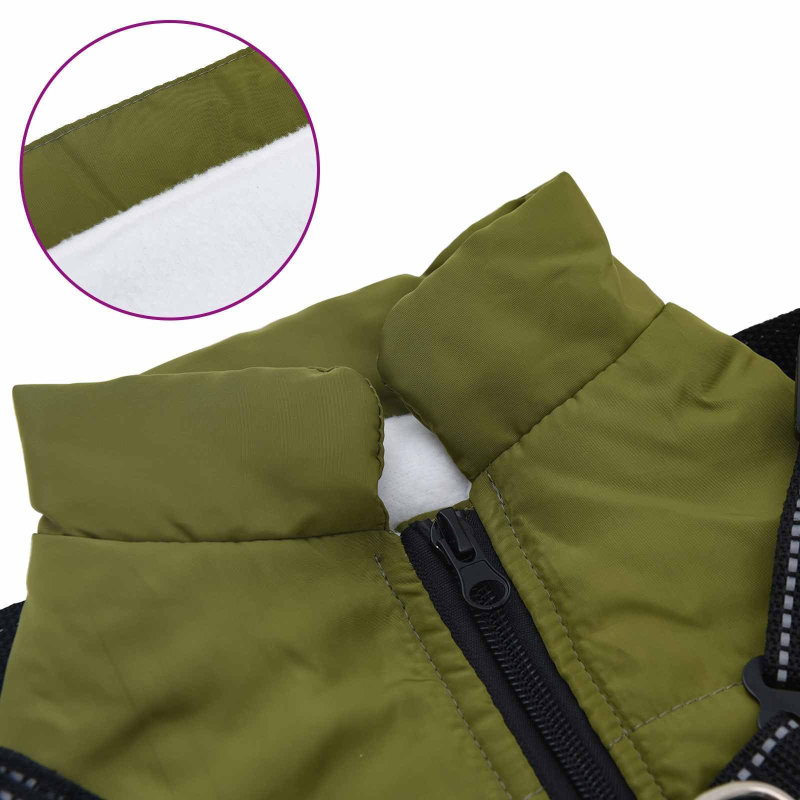 Cappotto per cani con pile e poliestere, antivento, impermeabile, riflettente, per passeggiate all'aperto, adatto per cani da 8 a 12 kg, regolabile, con foro per pettorina, verde oliva L40