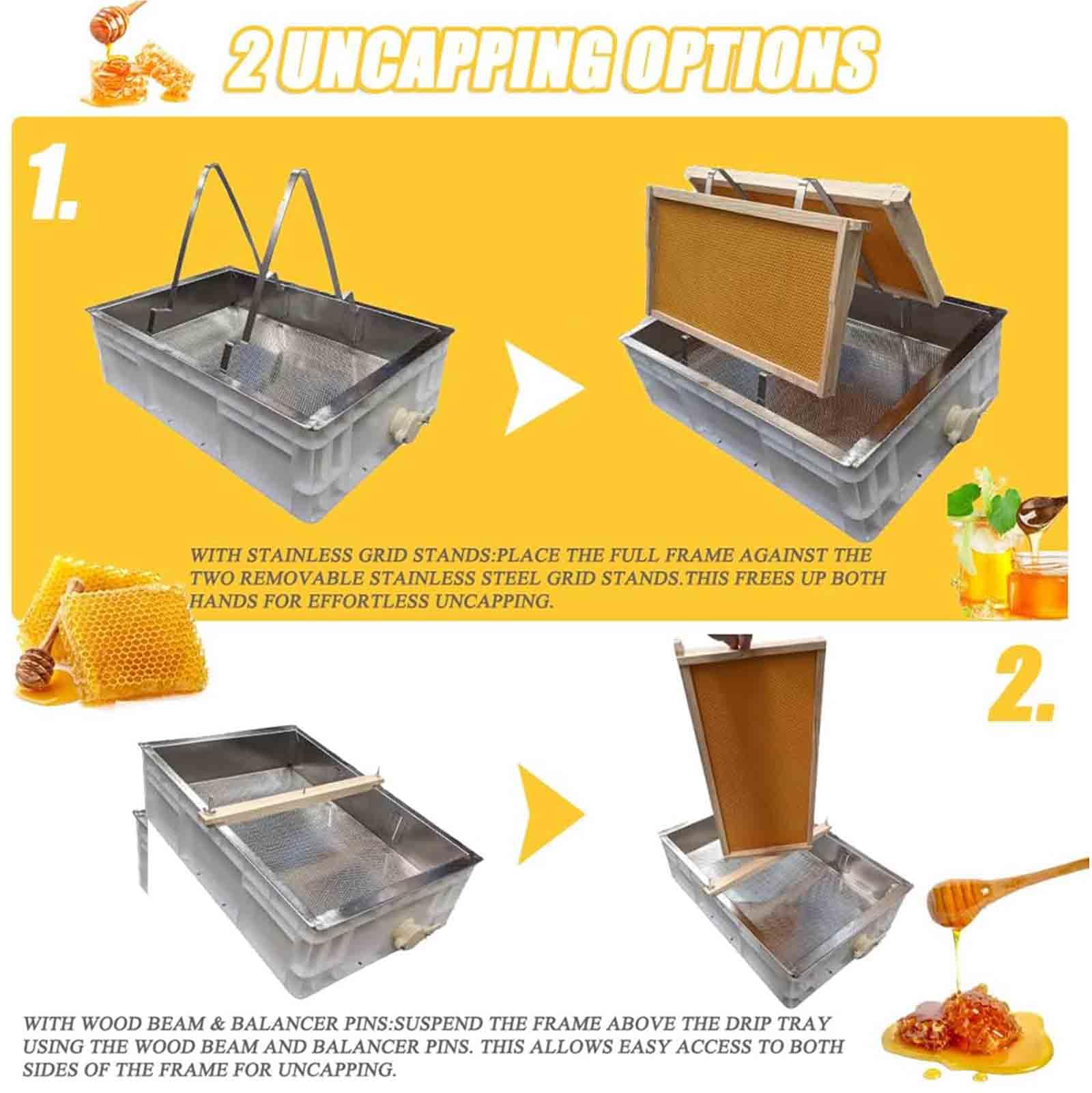 Estación de destapado de apicultura con bandeja de goteo de acero inoxidable y bañera de plástico, herramientas de recolección de miel, fácil de limpiar, adecuada para granjas y apicultura