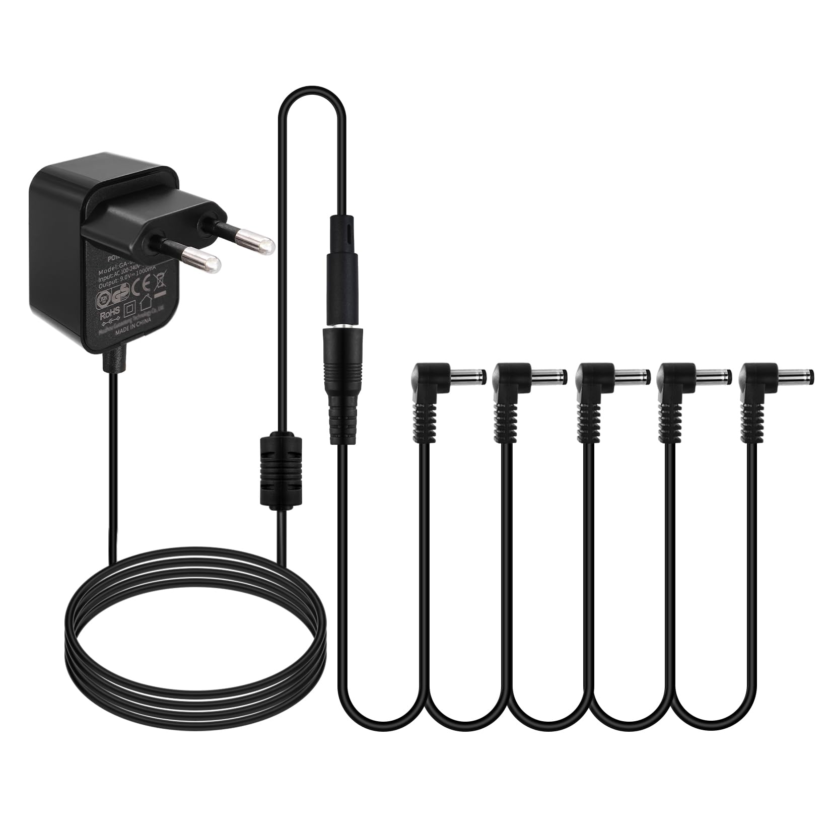 HOEREV gitarowy zasilacz sieciowy 9 V DC kabel sieciowy prąd 1 A 1000 mA końcówka ujemna do pedału gitarowego zasilacz (9V1A), EU, EU 9V1A 5 wtyczek