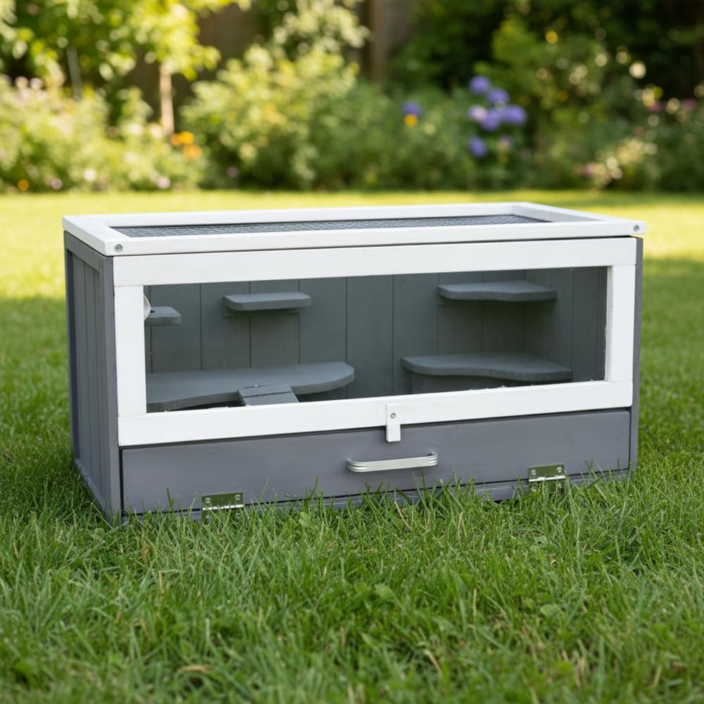 Melko Nagerkäfig aus Holz Grau/Weiß 60 x 35 x 30 cm – Kleintierstall mit Plexiglasfront & Gitterdeckel, inkl. Haus und Trinkflaschenhalter – Hamsterkäfig, Mäusekäfig, Kleintierhaus