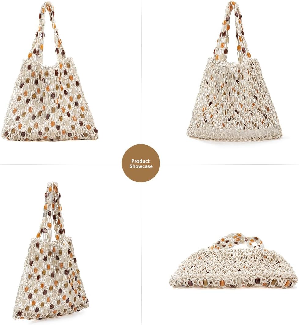 Boho Crochet Shoulder Bag for Women, Colorful Beaded Beach Tote Handbag Lightweight Summer Knit Hobo Purse &Travel Organizer (Style 1) - Image 4