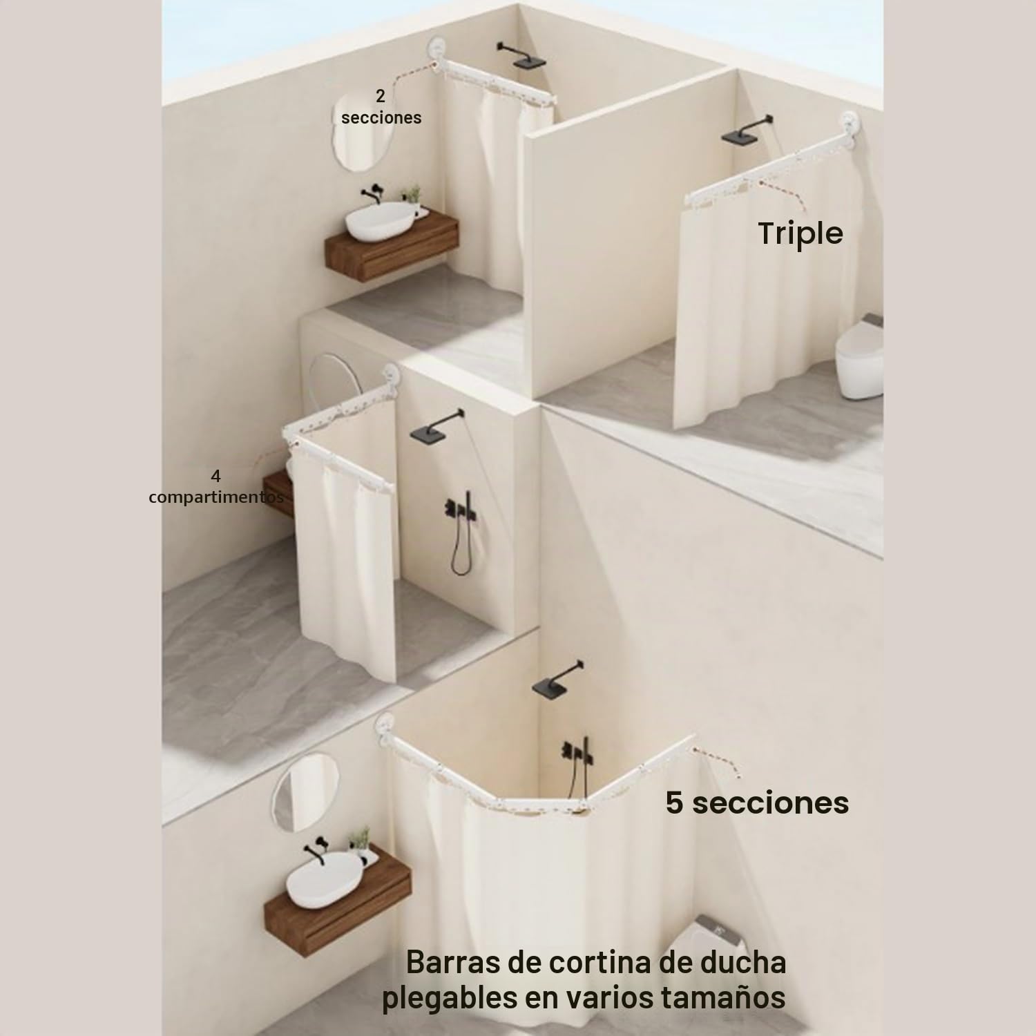 Cortina De Ducha Sin Taladrar Con Ventosa,Barra Cortina Ducha Con Ángulo Ajustable,Cortina Baño Fijación Con Ventosa,Impermeable Antimoho Para Esquinaesquina/Hotel/Baño(Blanco,92cm,3 Pieghe)
