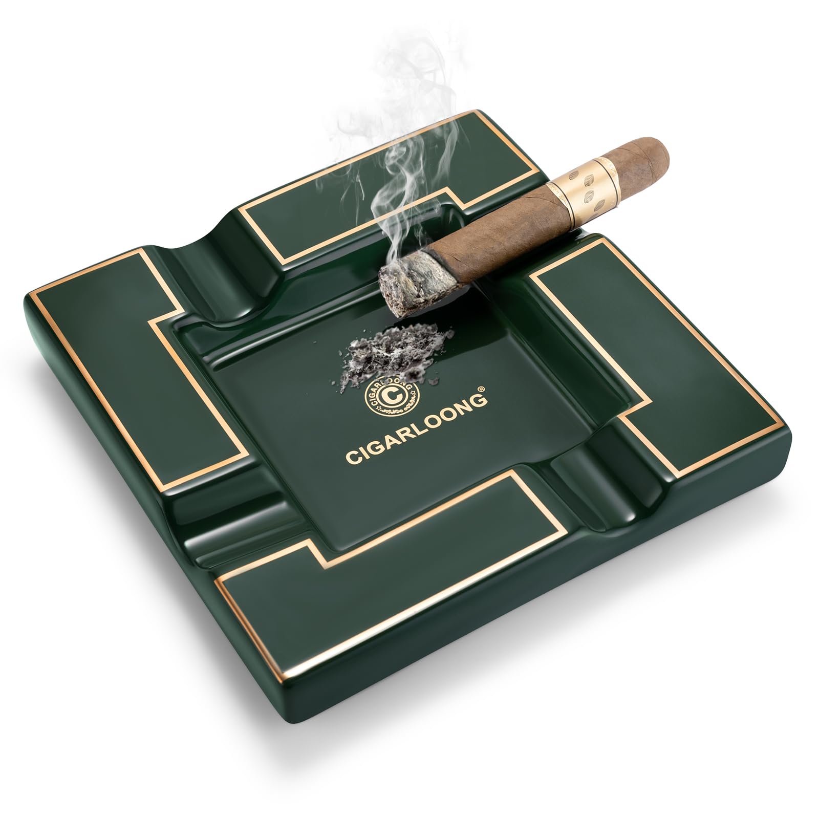 CLZOONG Cigar Ashtray, Ceramics Cigar Holders for Cigars, Large 4 Slots Rest for Household or Outdoors Use (Green)