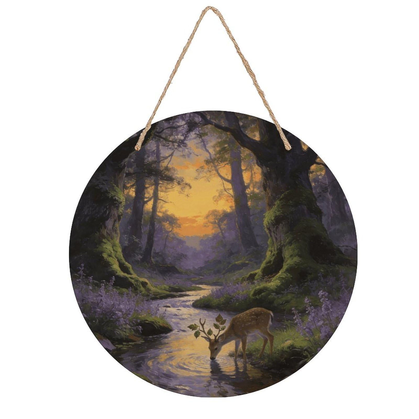 FekiLoot Woodland Wall Art Decor Round Wood Hanging Sign Decoration Wooden Circle Door Sign Round Hanging Decorative Wood Plaque Door Hanger for Home Outdoor Indoor Decoration