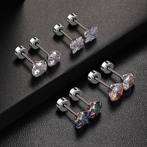 Pack Of Titanium Screw Back Pack Of Earrings Aurora Borealis Square Cubic Zirconia Studs For Women Men 20G Helix 316L Surgical Stainless Steel Hypoallergenic For Sensitive Ears Simulated Diamond Rainbow #TOP4