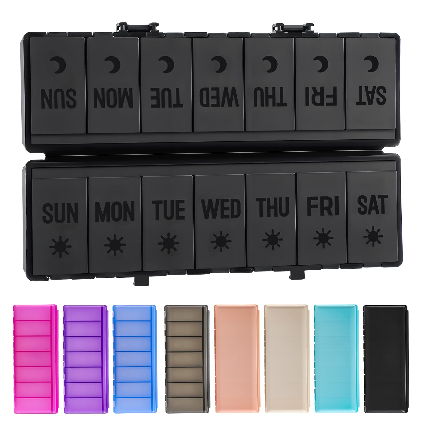 Foldable Pill Organizer 2 Times a Day w/Etched Labels -Dual Protection &amp; Portable Weekly AM PM Pill Box, 7 Day Medicine Container, Large Travel Pill Case for Week Daily Supplement Vitamin - All Black