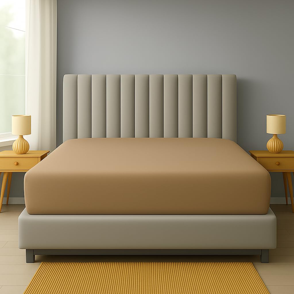 Fitted Sheet Extra Deep 16"/40CM PolyCotton EasyCare Percale Deep Pocket Fitted Bed Sheets (Single, Latte)